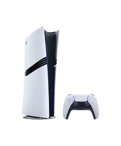 نمای جلوی کنسول پلی استیشن 5 پرو سفید رنگ به همراه کنترلر DualSense نمای پشت کنسول PlayStation 5 Pro CFI-7121 با نمایش پورتهای HDMI، LAN و USB جعبه بستهبندی کنسول پلی استیشن 5 پرو مدل CFI-7121 کنسول و دسته پلی استیشن 5 پرو در کنار یک تلویزیون بزرگ در حال