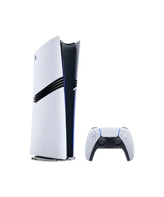 نمای جلوی کنسول پلی استیشن 5 پرو سفید رنگ به همراه کنترلر DualSense نمای پشت کنسول PlayStation 5 Pro CFI-7121 با نمایش پورتهای HDMI، LAN و USB جعبه بستهبندی کنسول پلی استیشن 5 پرو مدل CFI-7121 کنسول و دسته پلی استیشن 5 پرو در کنار یک تلویزیون بزرگ در حال